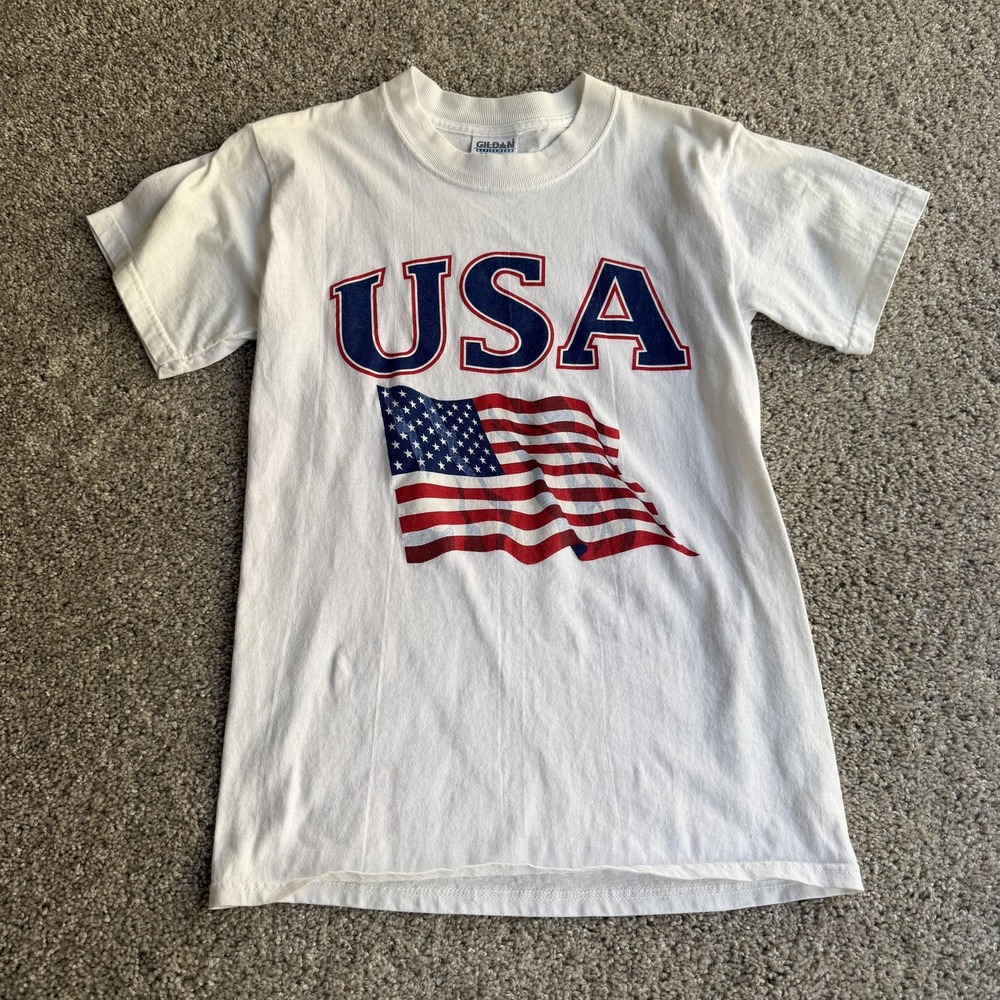 Vintage Gildan Ultra Cotton Shirt Men Small White USA Flag Patriotic Tee T-Shirt